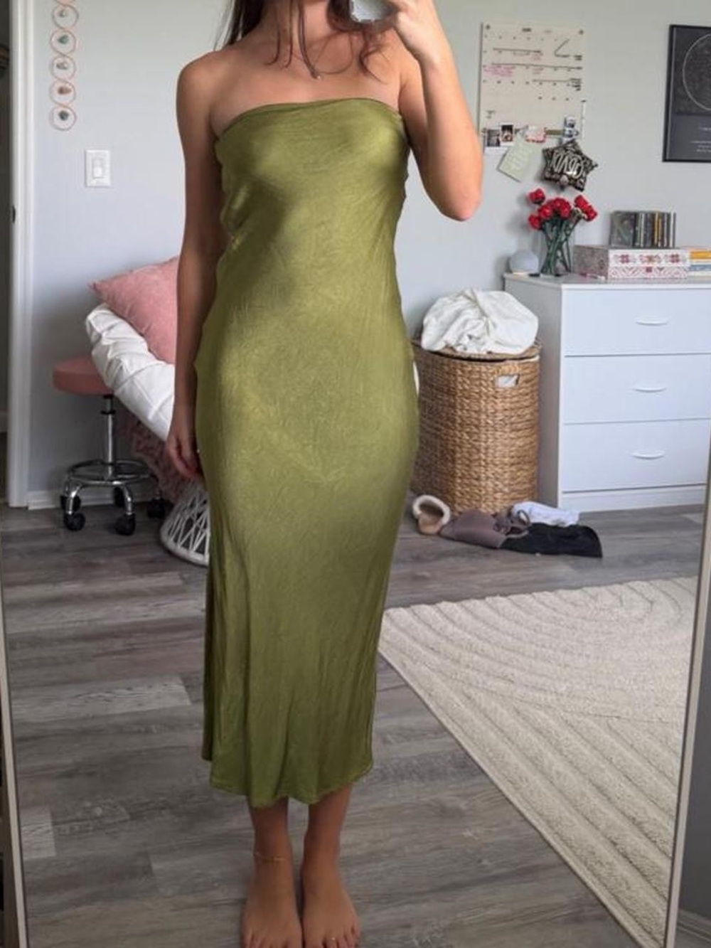 Strapless Olive Green Midi Dress - Sleek Silhouette